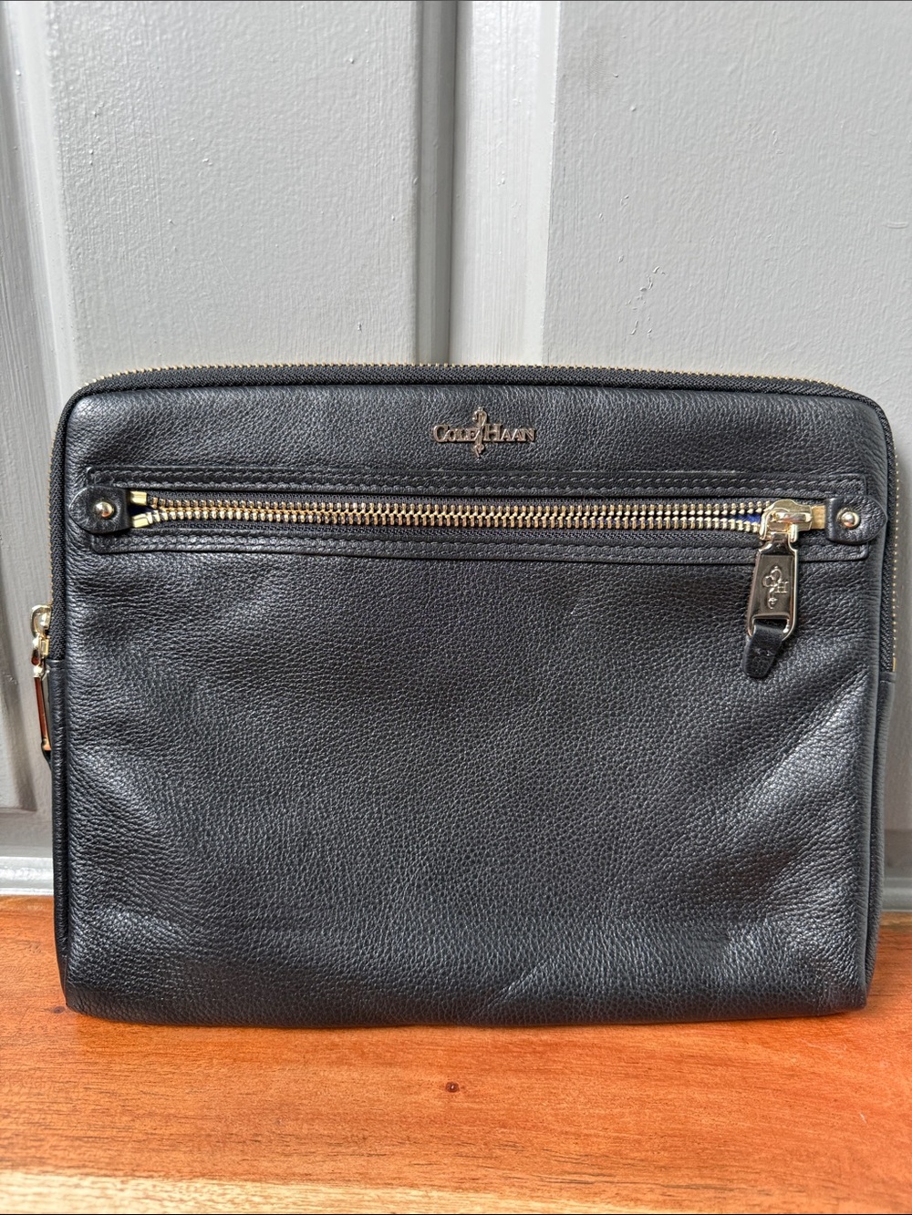 Cole Haan Black Leather Toiletry Pouch with Gold Hardware
